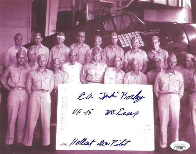 Main image of Clarence/C.A. "Spike" Borley signed WWII Vintage 8x10 Photo- JSA #AC92685- VF-15 USS Essex/Hellcat Ace Pilot