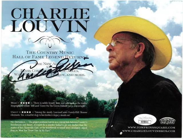 Main image of Charlie Louvin signed 2007 80th Birthday Tompkins Square Album 6x8 Promo Photo Card- JSA #KK58041