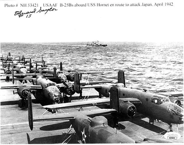 Main image of Edward/Ed Saylor signed 1942 WWII Doolittle Raiders Vintage B&W 8.5x11 Photo #15- JSA #AC92633- B-25 USS Hornet