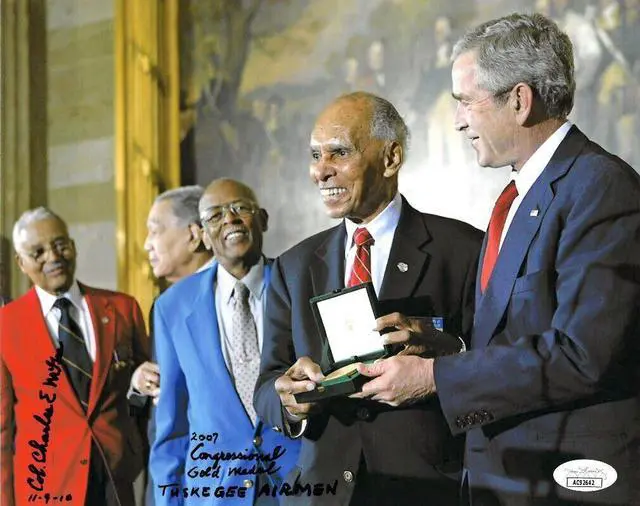 Main image of Charles E. McGee signed WWII Tuskegee Airmen 8x10 Photo- JSA #AC92642- 2007 Congressional Gold Medal w/ President George W. Bush