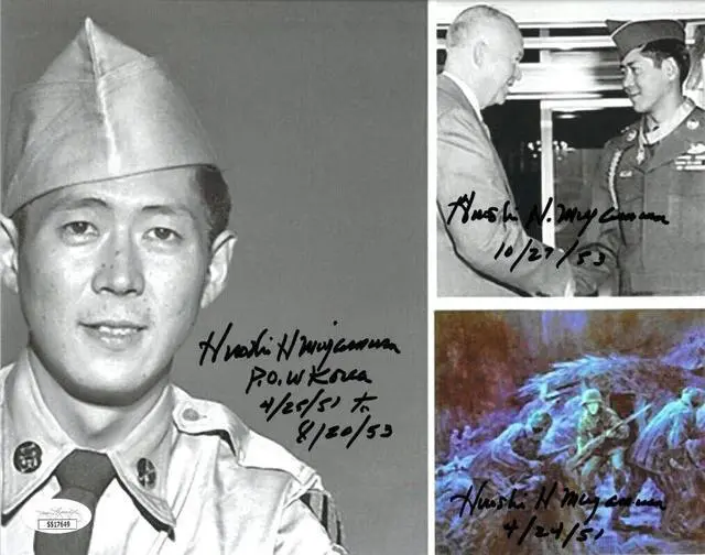 Main image of Hiroshi "Hershey" Miyamura signed Korean War Vintage B&W 8x10 Photo (3 sigs)- JSA #SS17649- Medal of Honor/POW
