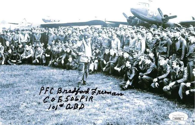 Main image of Bradford Freeman signed WWII Band of Brothers Vintage B&W 8x10 Photo- JSA #AC92762- E Company 506 PIR- 101st ABD