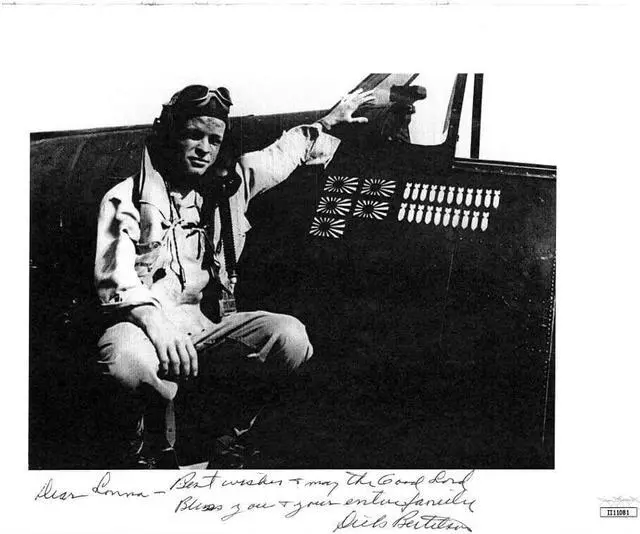 Main image of Richard/Dick Bertelson signed WWII Ace Pilot Vintage B&W 8.5x11 Photo On Paper To Lonna- JSA #II11081