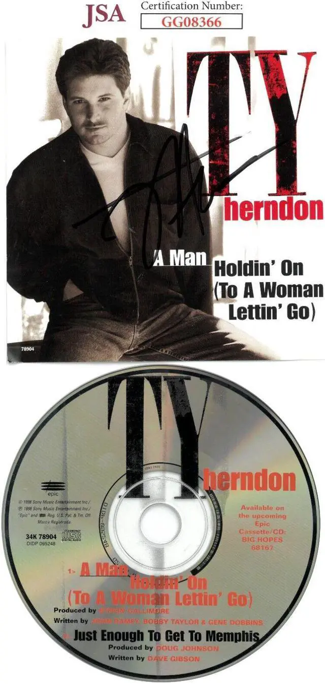 Main image of Ty Herndon signed 1998 A Man Holdin' On (To A Woman Lettin' Go) Album Cover w/ CD & Case- JSA #GG08366