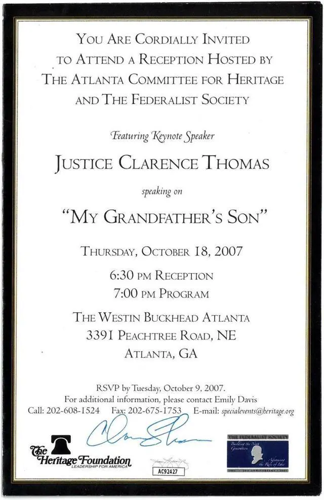 Main image of Supreme Court Justice Clarence Thomas signed 2007 Reception Invitation- JSA #AC92427 (Atlanta Heritage & The Federalist Society)