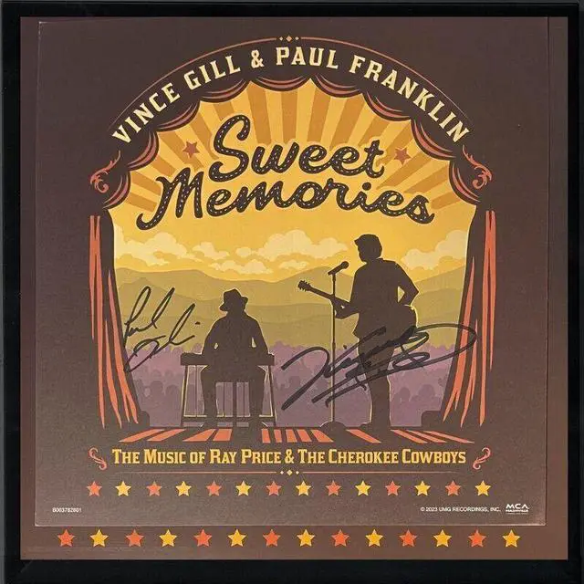 Main image of Vince Gill & Paul Franklin dual signed 2023 Sweet Memories 11x11 Art Card/Album Cover/LP/Vinyl Record w/Custom Framing- COA