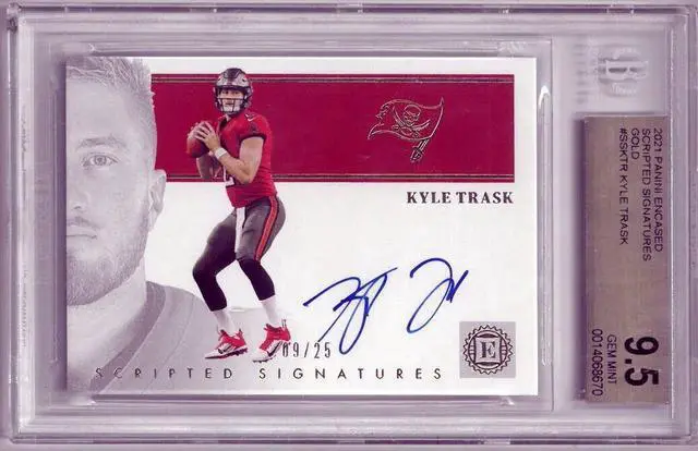 Main image of Kyle Trask signed 2021 Panini Encased Scripted Signatures Gold On Card Auto Rookie Card (RC) #SS-KTR-/25-BGS Graded 9.5 Gem Mint