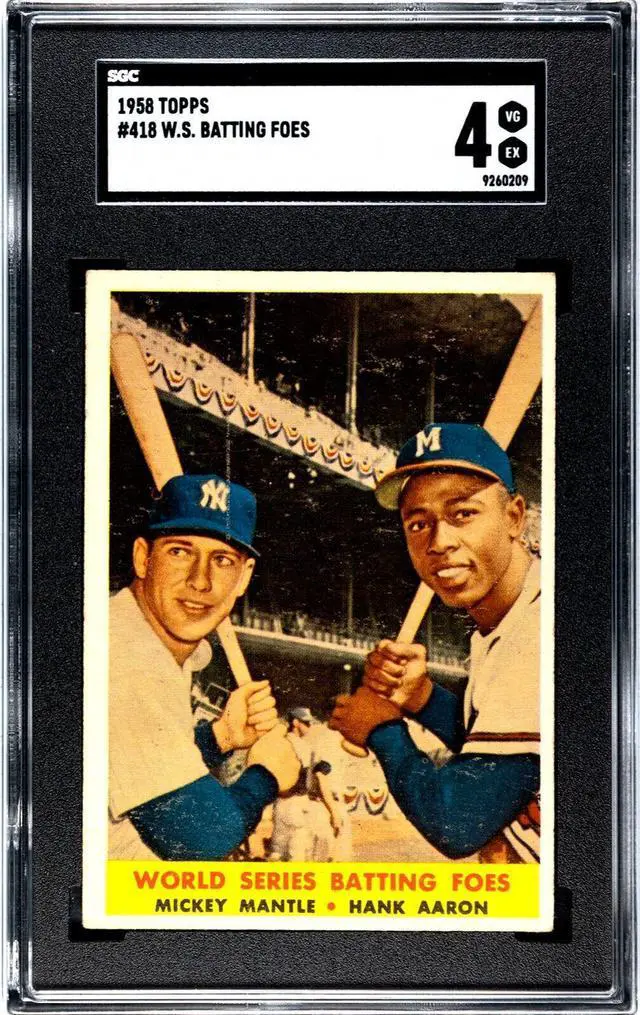 Main image of Hank Aaron & Mickey Mantle 1958 Topps World Series Batting Foes Card #418- SGC Graded 4 VG-EX