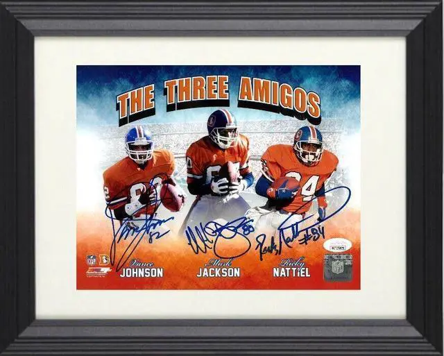 Main image of Vance Johnson/Mark Jackson/Rickey Nattiel triple signed Denver Broncos "The Three Amigos" 8x10 Photo Custom Framing- JSA Witness