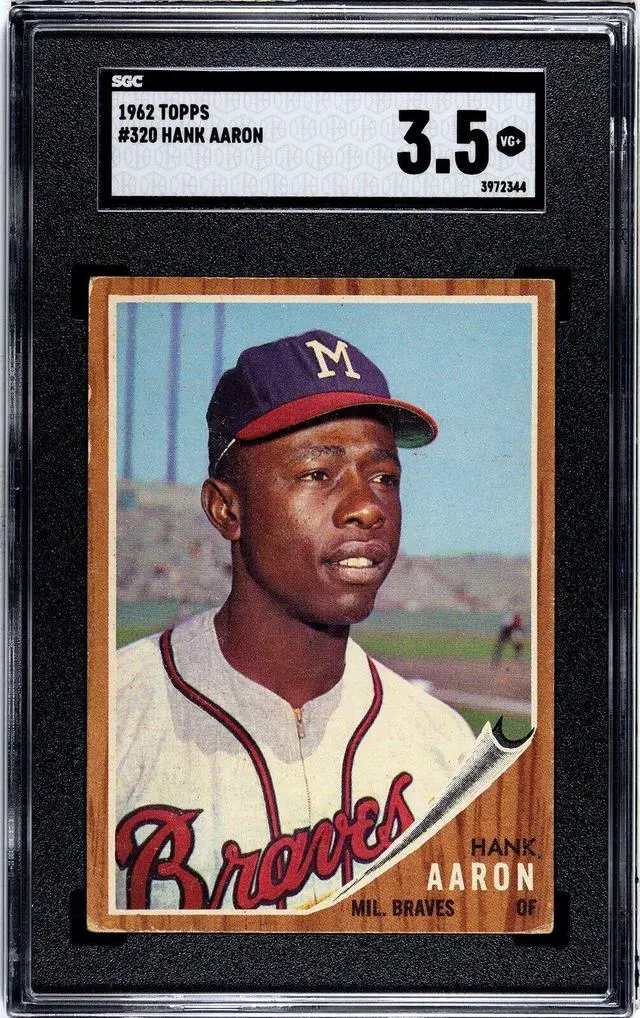 Main image of Hank Aaron 1962 Topps Baseball Card #320- SGC Graded 3.5 VG+ (Centered/Milwaukee Braves)