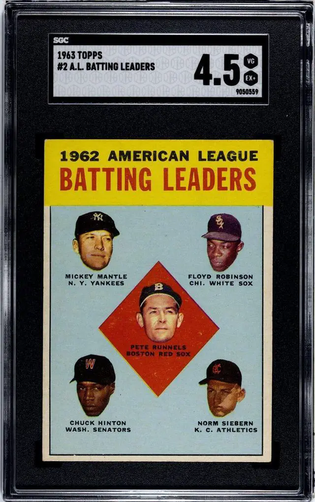 Main image of 1963 Topps Card AL Batting Leaders #2- Mickey Mantle- SGC Graded 4.5 VG-EX+ (w/ Runnels/Robinson/Hinton/Siebern)