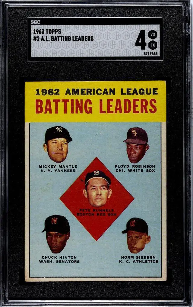 Main image of 1963 Topps Card AL Batting Leaders Card #2- Mickey Mantle- SGC Graded 4 VG-EX (w/ Runnels/Robinson/Hinton/Siebern)