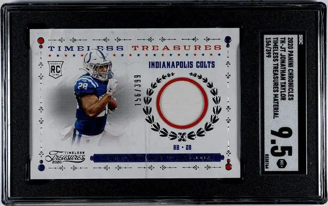 Main image of Jonathan Taylor 2020 Panini Chronicles Timeless Treasures Material Rookie Card (RC) #TK-JT- /399- SGC Graded 9.5 Mint+ (Colts)