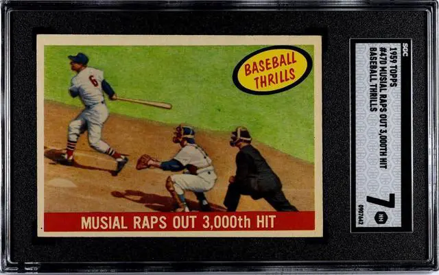 Main image of Stan Musial 1959 Topps Raps Out 3000th Hit Baseball Thrills Card #470- SGC Graded 7 NM (St. Louis Cardinals)