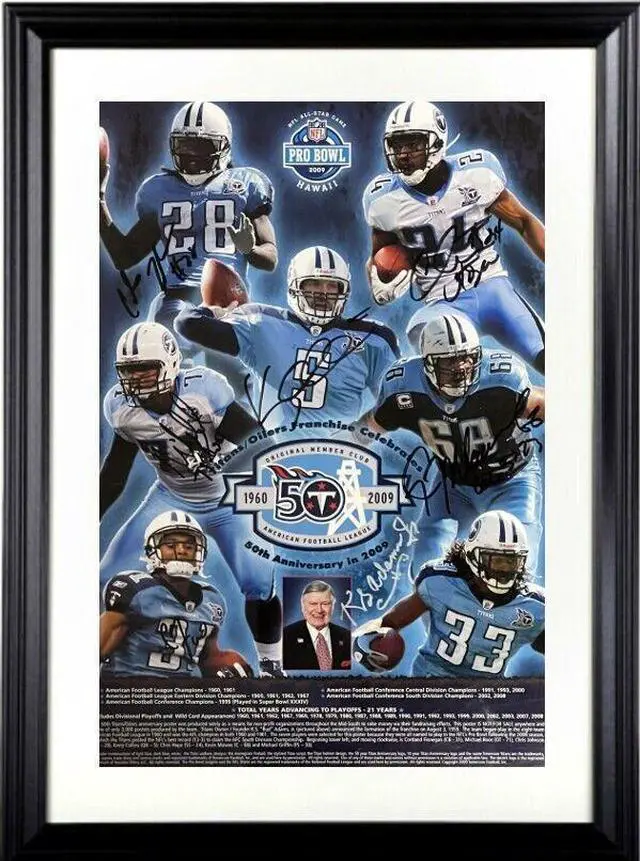 Main image of 1960-2009 Tennessee Titans/Houston Oilers Signed Poster-Custom Framing 7 sigs K.S. Bud Adams Jr /Mawae/Collins/C. Johnson-BAS