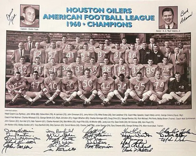 Main image of 1960 Houston Oilers AFL Champions 16x20 Team Photo -27 Sigs (RARE/Bud Adams/Orville Trask)- Beckett Review