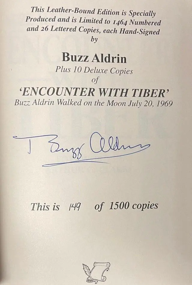 Main image of Buzz Aldrin signed Encounter With Tiber Flat Signed Press Leather Book- Beckett Review- #149/1500 (Apollo 11)