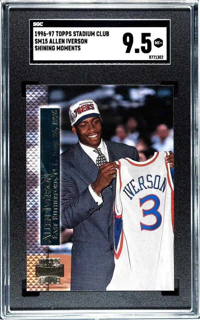 Main image of Allen Iverson 1996-97 Topps Stadium Club Rookie Card (RC) #SM15- SGC Graded 9.5 Mint+ (Philadelphia 76ers)