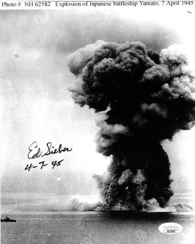 Main image of Edward Sieber signed WWII Vintage 8x10 Photo imperfect- JSA #SS17660- 4-7-45- Helldiver Japanese Yamato