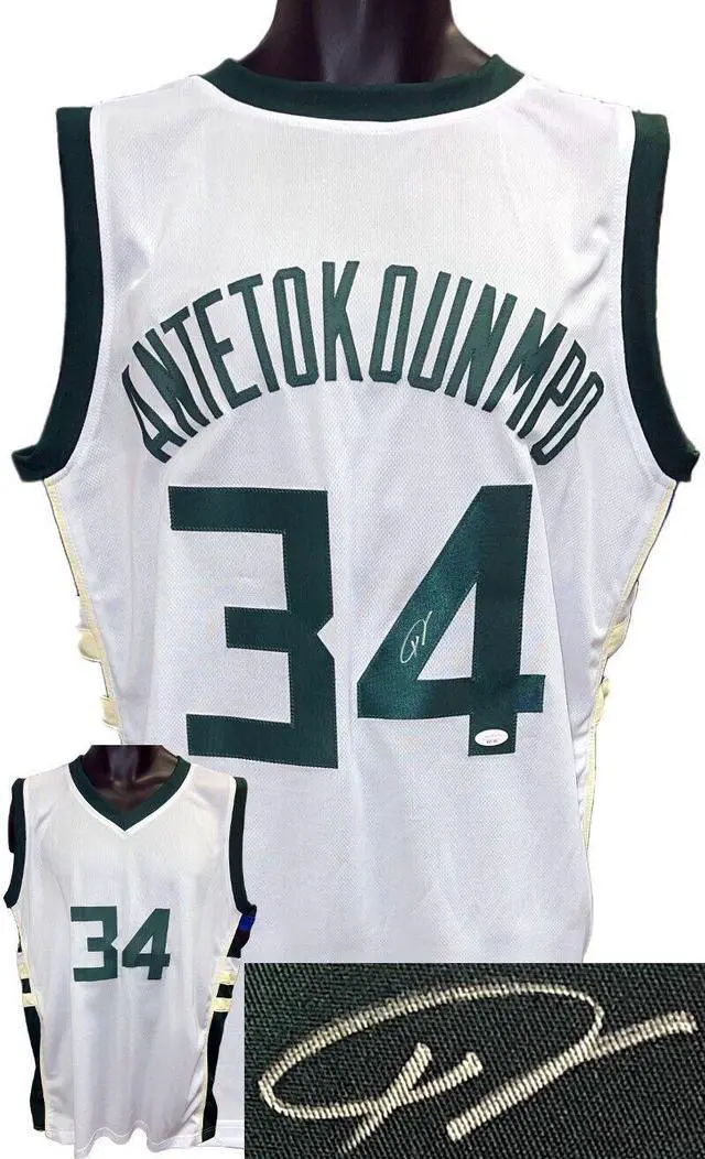 Main image of Giannis Antetokounmpo signed Milwaukee White Custom Stitched Pro Style Basketball Jersey XL- JSA #SS51300 (Greek Freak)