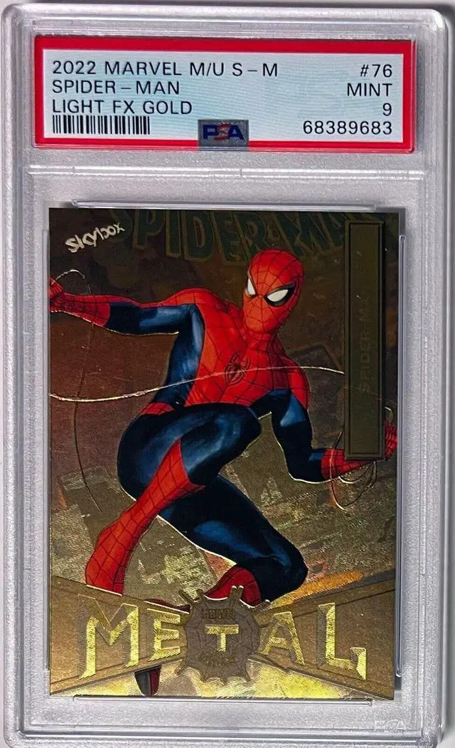 Main image of Spider-Man 2022 Skybox Marvel Metal Universe Light FX Gold Card #76- PSA Graded 9 Mint
