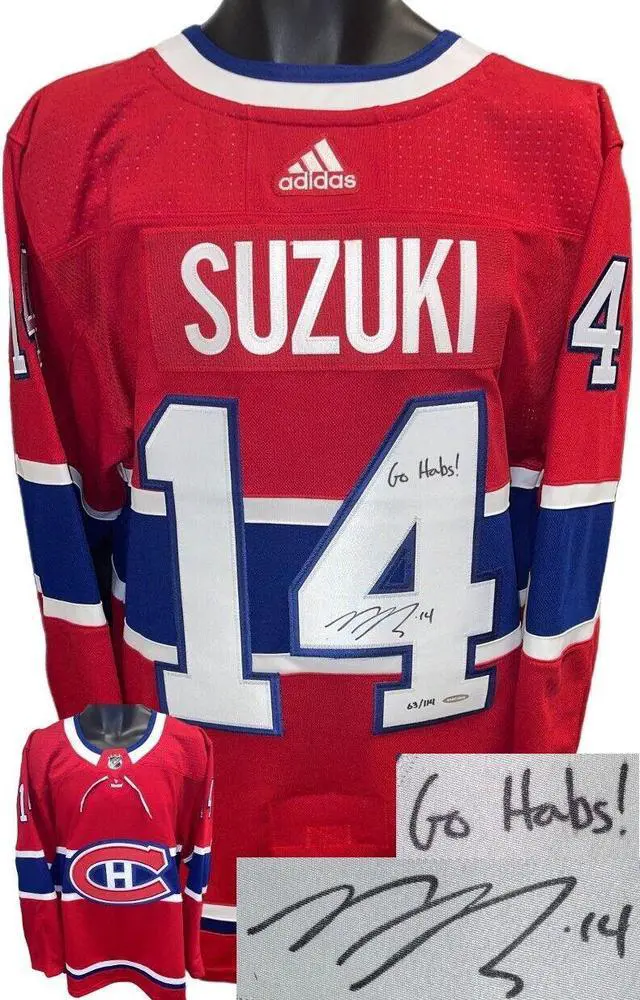 Main image of Nick Suzuki signed Red Adidas Authentic Montreal Canadiens Jersey Insc : Go Habs, #14 /114 Upper Deck/UDA