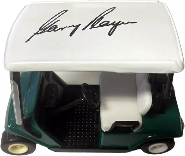 Main image of Gary Player signed SpecCast 1/16 Scale Golf Cart Die Cast Coin Bank w/ Display Case Beckett Review