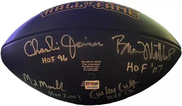 Main image of Pro Football Hall Of Fame Logo Signed Football 4-Sigs- NFL/PSA (Oilers-Bruce Matthews/Mike Munchak/ Curly Culp/Charlie Joiner)