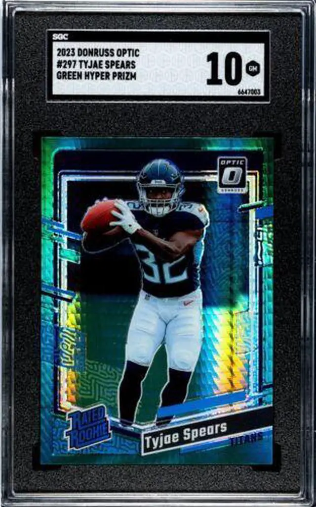 Main image of Tyjae Spears 2023 Donruss Optic Green Hyper Prizm Rookie Card (RC) #297- SGC Graded 10 Gem Mint (Tennessee Titans)