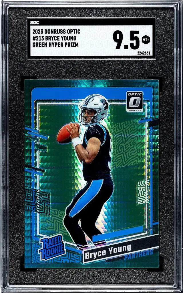 Main image of Bryce Young 2023 Donruss Optic Green Hyper Prizm Rookie Card (RC) #213- SGC Graded 9.5 Mint+ (Carolina Panthers)