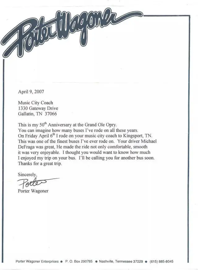 Main image of Porter Wagoner signed 2007 Porter Wagoner Enterprises Logo Stationery/Letter -COA (Grand Ole Opry/HOF/RARE)