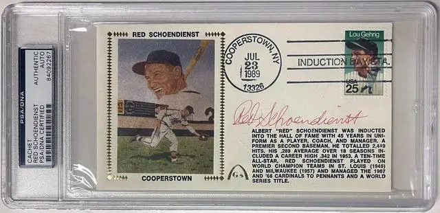 Main image of Red Schoendienst signed St. Louis Cardinals Cooperstown 1989 FDC Gateway Silk Cachet- PSA/DNA Slabbed Authentic