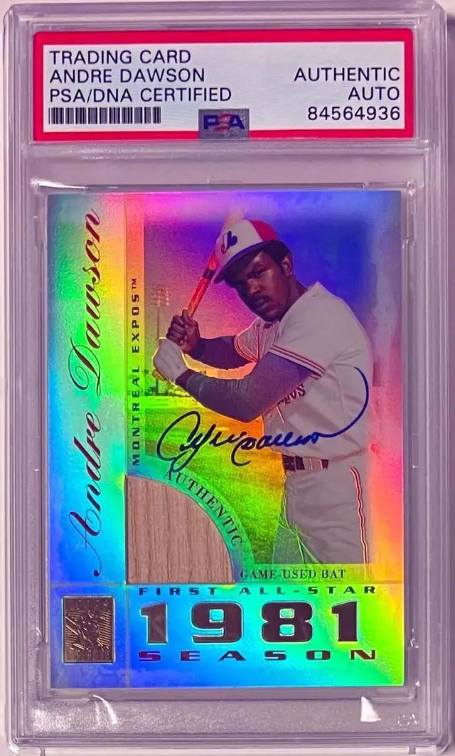 Main image of Andre Dawson signed 2003 Topps Tribute Perennial All-Star Edition Bat Relic On Card Auto #TR-AD- PSA Authentic (HOF/81 Season)