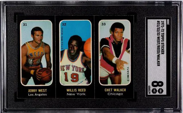 Main image of Jerry West/Willis Reed/Chet Walker 1971-72 Topps Sticker/Card #31/32/33- SGC Graded 8 NM-MT