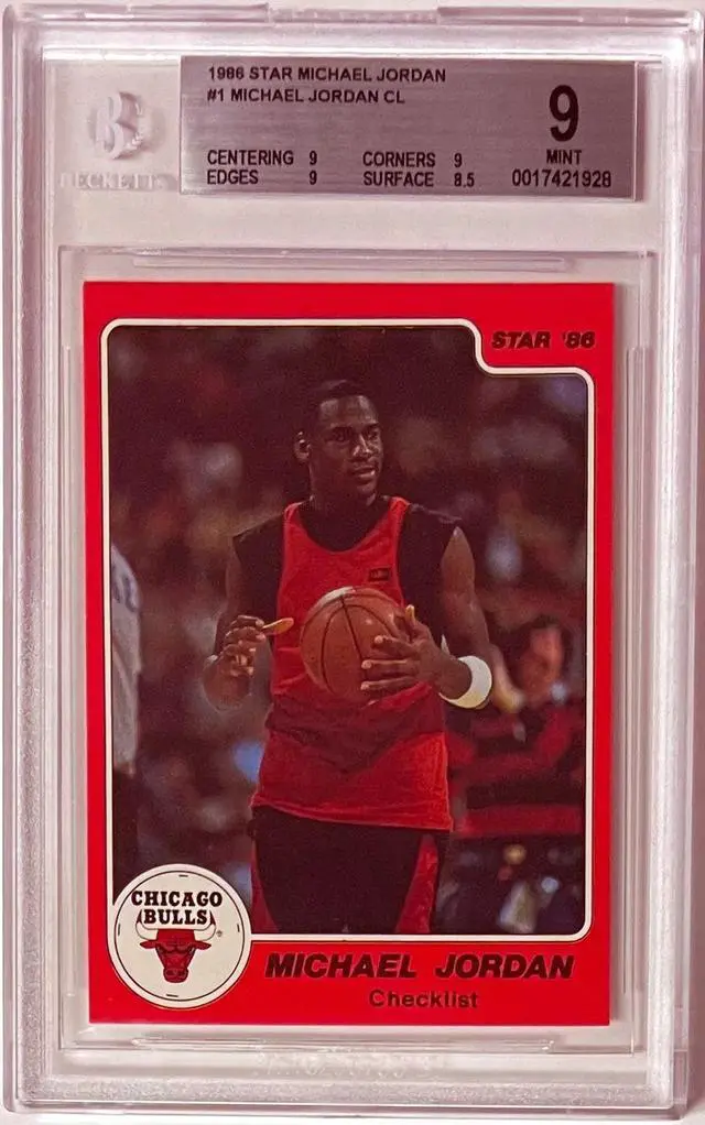 Main image of Michael Jordan 1986 Star Rookie Card (RC) #1 CL- Beckett/BGS Graded 9 Mint (Sub Grades/Bulls/HOF/GOAT)