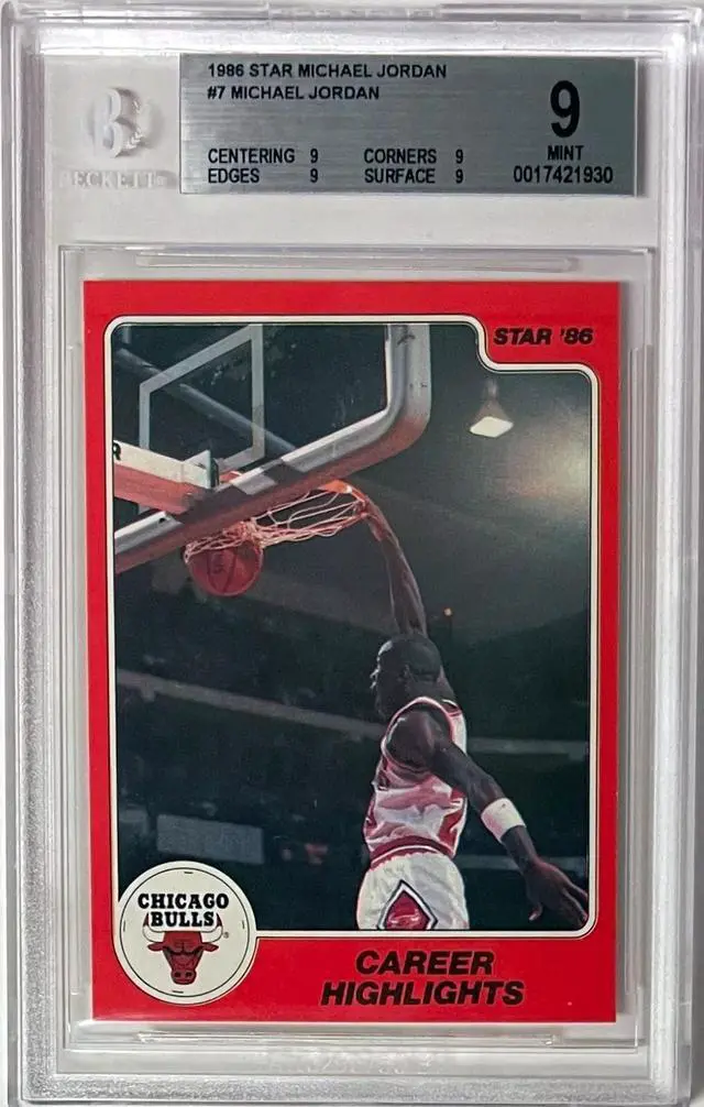 Main image of Michael Jordan 1986 Star Rookie Card (RC) #7- Beckett/BGS Graded 9 Mint (Sub Grades/Bulls/HOF/GOAT/Career Highlights)