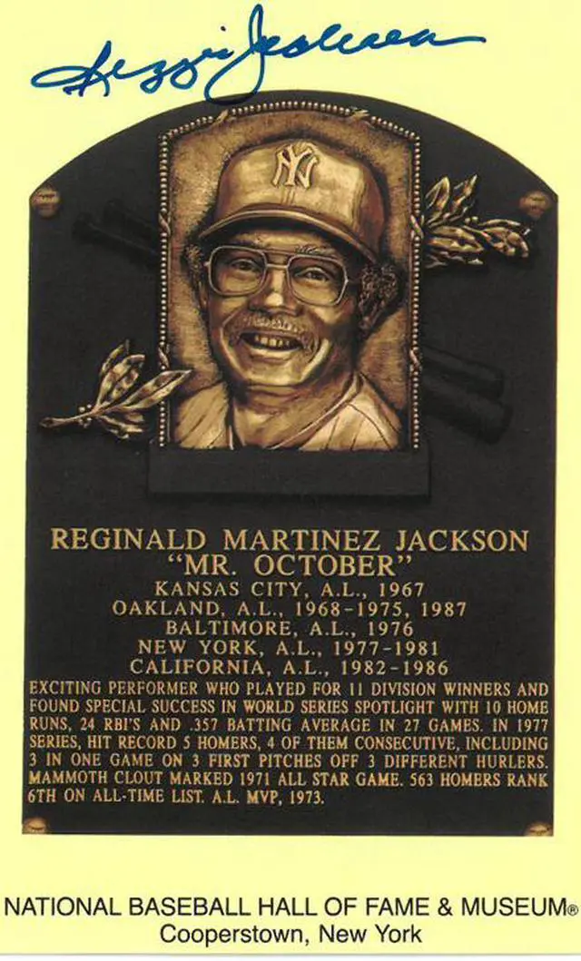 Main image of Reggie Jackson signed New York Yankees Hall of Fame Plaque Card- JSA Witnessed (3.5x5.5)