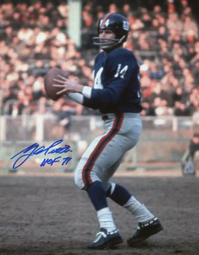 Main image of Y.A. Tittle signed New York Giants Blue Jersey Passing Vertical 16x20 Photo HOF 71