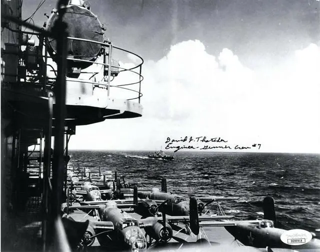 Main image of David Thatcher signed WWII Doolittle Raiders USS Hornet Vintage B&W 8x10 Photo Engineer- Gunner Crew #7- JSA Holo #DD90918