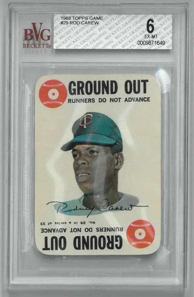 Main image of Rod Carew Minnesota Twins 1968 Topps Game Baseball Card (Ground Out)- Beckett Graded 6 Excellent-Mint