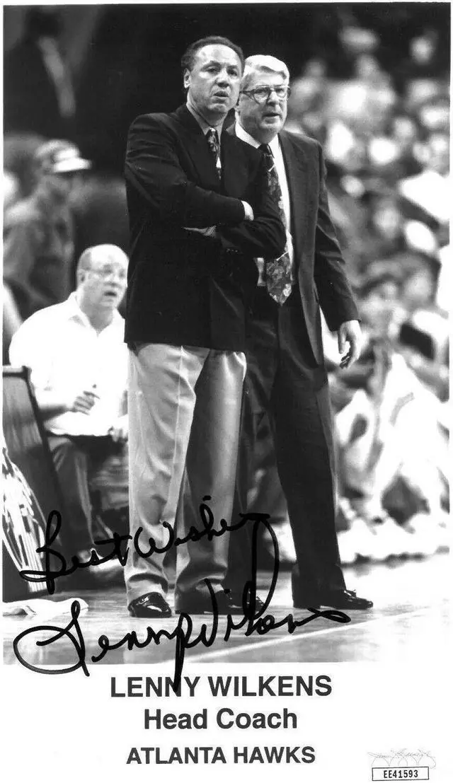 Main image of Lenny Wilkens signed Atlanta Hawks 4.75x8 B&W Photo Best Wishes- JSA Hologram #EE41593