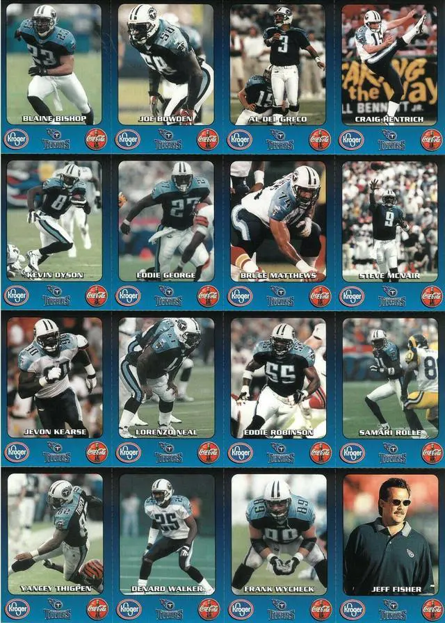 Main image of 1999 Tennessee Titans 16 Uncut Trading Card Set (11x14 Sheet) w/ Topload  Steve NcNair, Eddie George, Jevon Kearse, Kevin Dyson