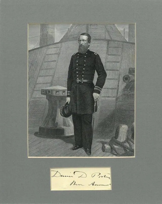 Main image of David D Porter signed Vintage 1800’s 3”x1.5” cut sig Civil War Navy Commodore 5x6.5 Ecthed Photo Matted 8x10–JSA LOA #BB24355
