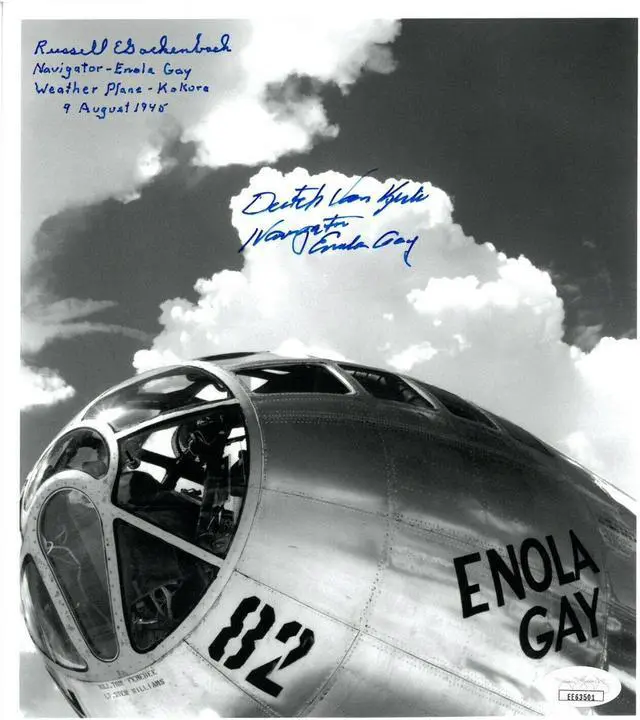 Main image of Dutch Van Kirk & Russell E Gackenbach signed WWII B&W 8x10 Photo Navigators Enola Gay Hiroshima Kokura 9 Aug 1945- JSA #EE63501