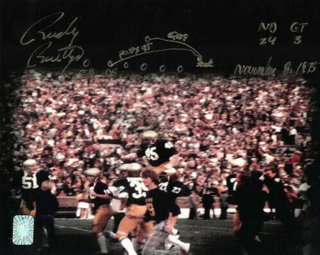 Main image of Rudy Ruettiger signed Notre Dame Fighting Irish 8X10 Photo w/ ND 24-GT 3/November 8, 1975 & Play Drawing- Rudy 45 Holo