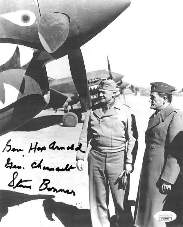 Main image of Stephen Bonner signed WWII Flying Tigers Ace Pilot 23rd FG China Vintage B&W 8x10 Photo Gen Hap Arnold Gen Chennault-JSA DD64488