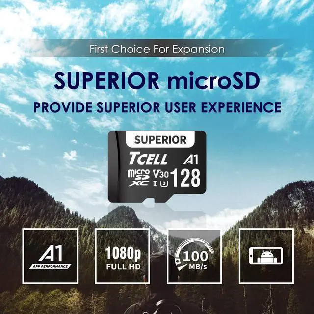 Alt view image 2 of 7 - TCELL Superior 128GB microSDXC A1 USH-I U3 V30 100MB/s Full HD & 4K UHD Memory Card with Adapter