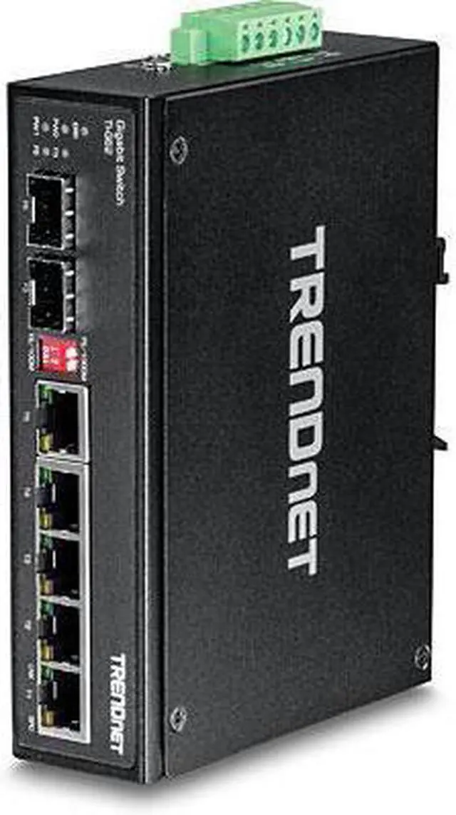 Main image of TRENDnet 7-Port Industrial Gigabit DIN-Rail Switch, TI-G62, 5 x Gigabit Ports, 2 x Gigabit SFP Ports, IP50 Weather Rated, 14Gbps, NDAA TAA Compliant, Lifetime Protection