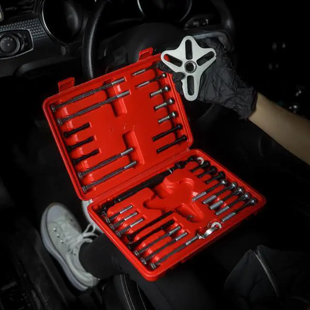 Alt view image 12 of 13 - ABN Harmonic Balancer Puller Tool 46pc Flywheel Crankshaft Pulley Steering Wheel