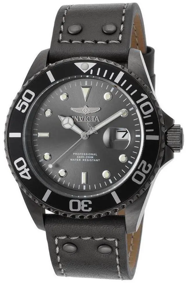 Alt view image 4 of 13 - Invicta 22077 Men's Pro Diver Grey Genuine Calf Leather Gunmetal Dial Gunmetal Ip Ss Watch